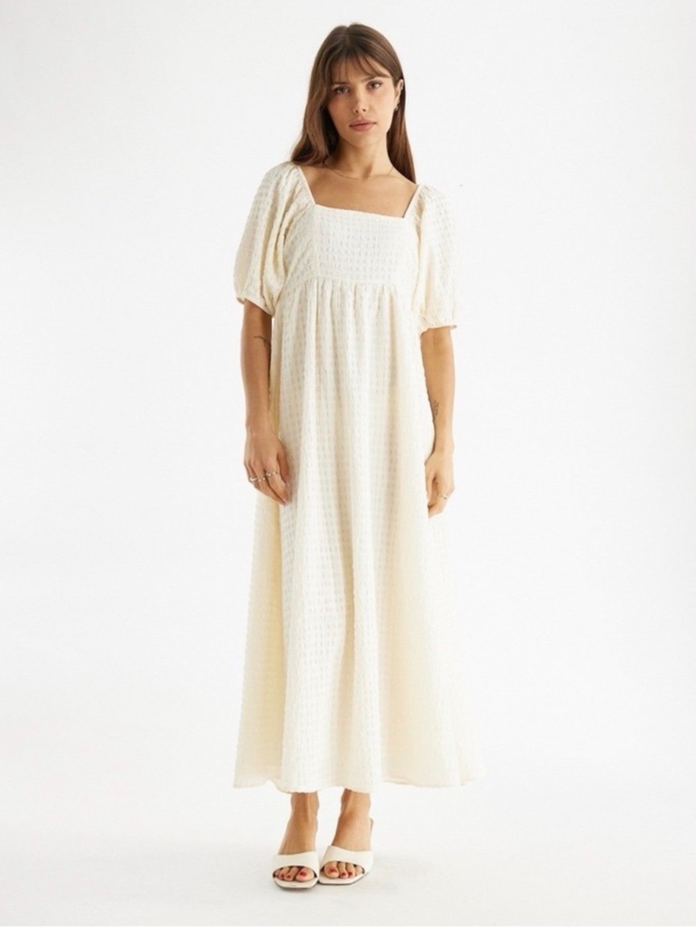 All Row Ivory Square-Neck Puff Sleeve Maxi Dress